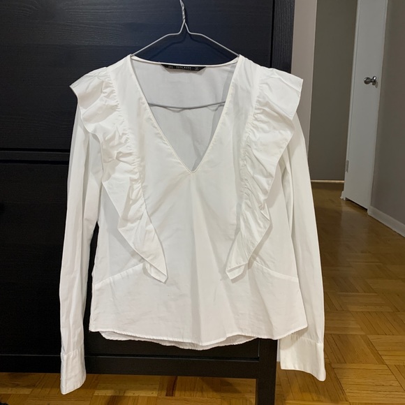SALE!! Zara V neck frilled ruffle poplin top - Picture 3 of 6